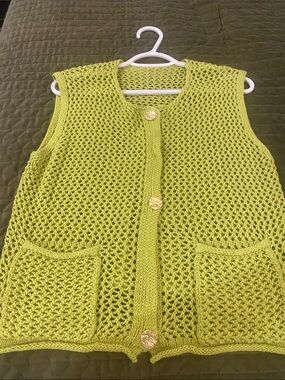 Open-Knit Sleeveless Cardigan Vest in Lime Green